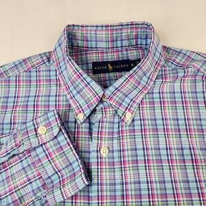 Ralph Lauren Mens Size XL Blue Pink Teal Plaid Long Sleeve Button Down Shirt